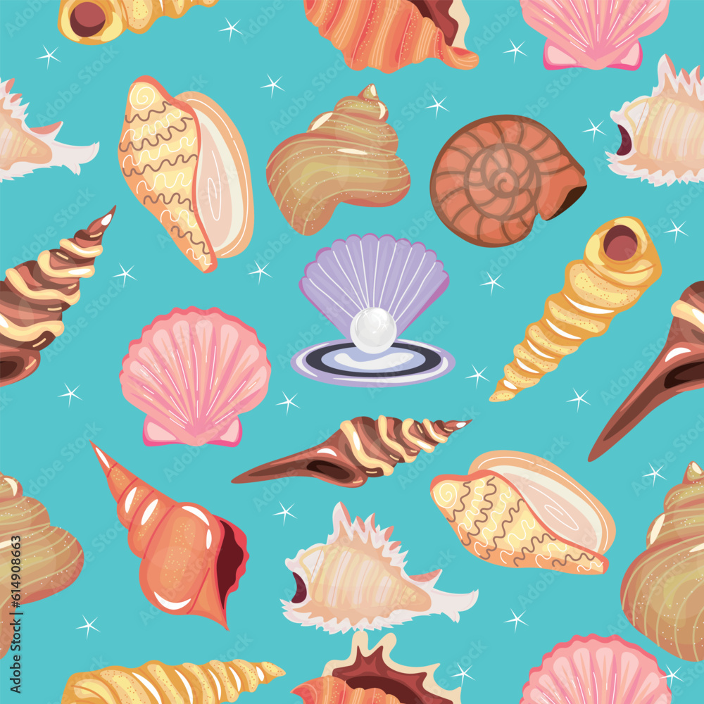 Set of beautiful sea shells on blue background. Pattern for design