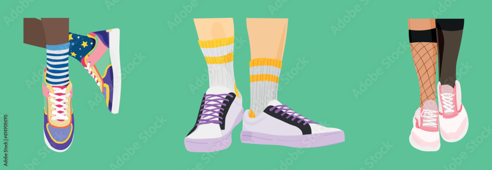 Set of human legs in stylish shoes and socks on mint background