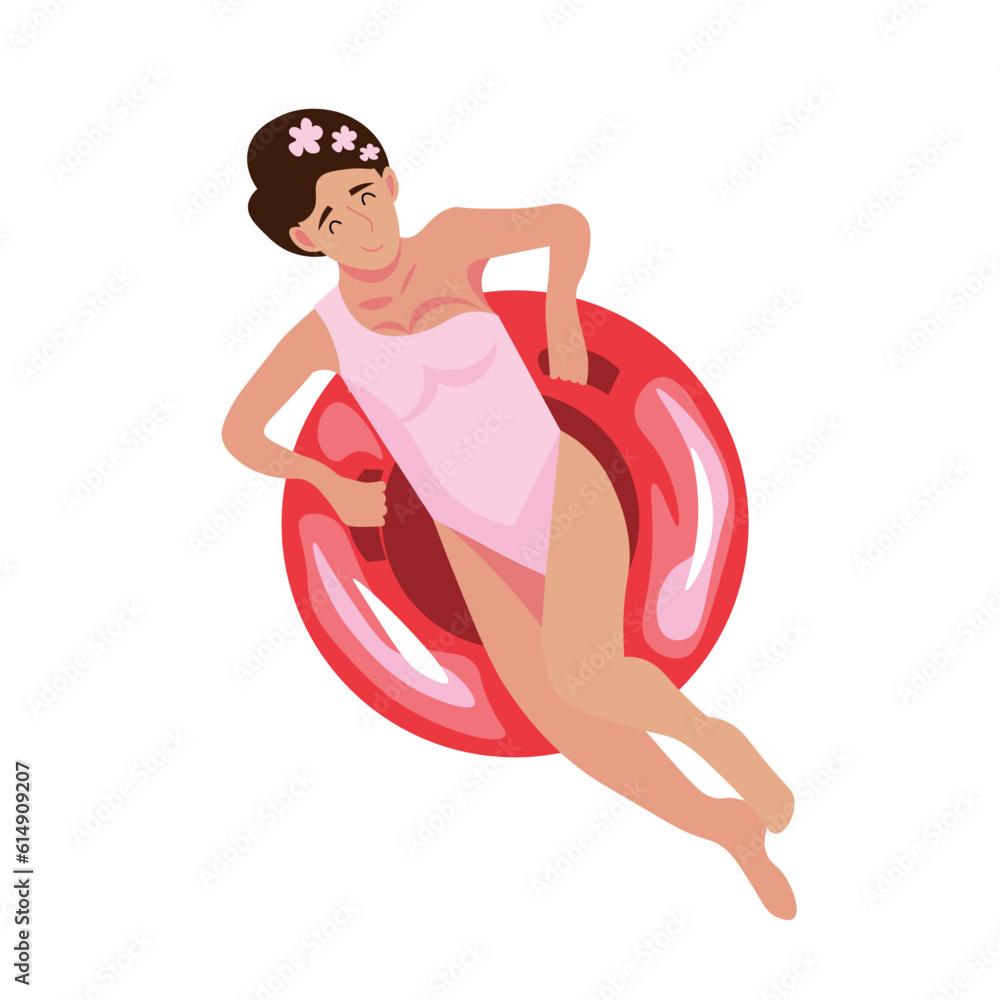 Woman relaxing on swimming ring against white background, top view