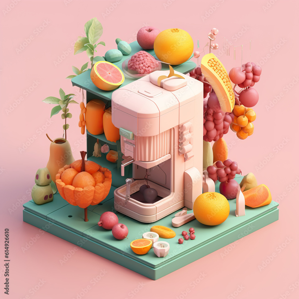 Vegetable and fruit juicer in rendered isometric icon style. Complex juicer scene with perfect detai