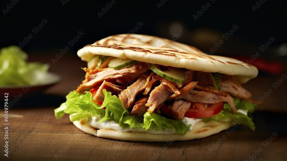 Turkish doner kebab on golden toasted pita bread