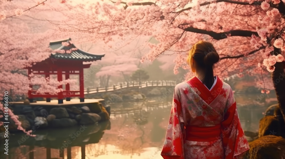 Portrait of beautiful Asian woman in Japanese kimono posing with blossom cherry flowers background i