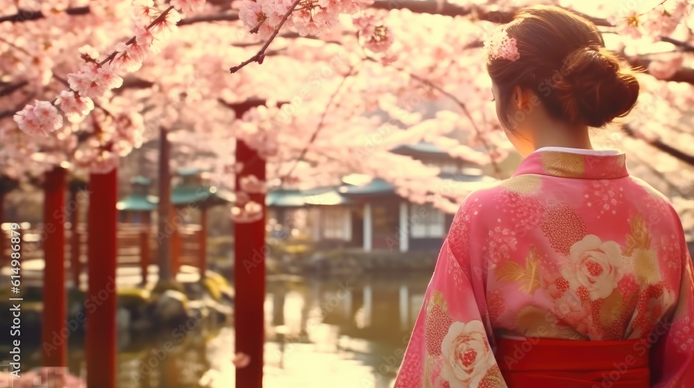 Portrait of beautiful Asian woman in Japanese kimono posing with blossom cherry flowers background i