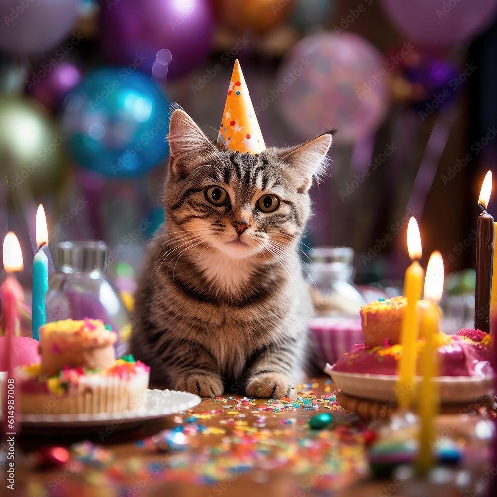 Kitten celebrating with a birthday cake with birthday candles, Pet party.