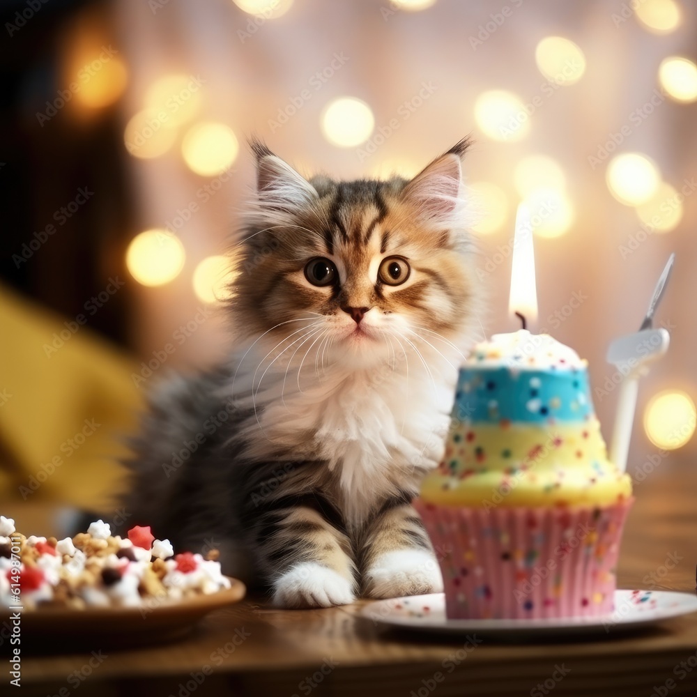 Cat birthday, Kitten with a birthday cake.