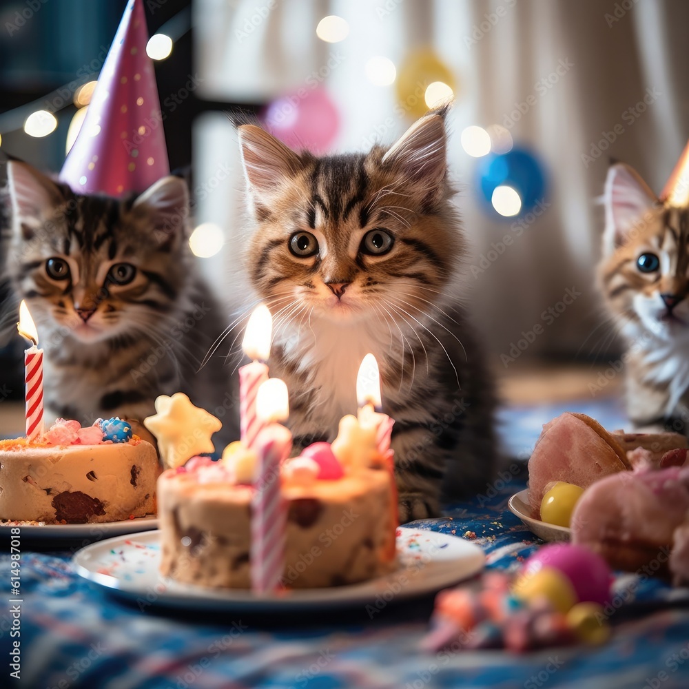 Kitten with birthday cake celebration at birthday party, Fluffy cat celebrating.