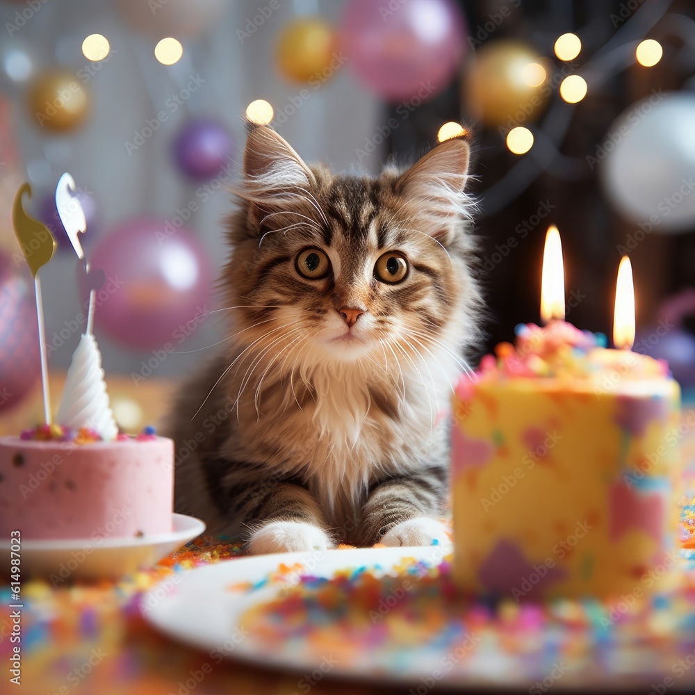 Kitten celebrating with a birthday cake with birthday candles, Pet party.