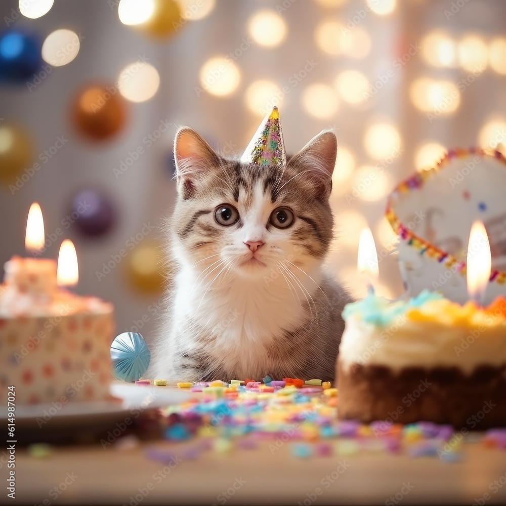 Cat birthday, Kitten with a birthday cake.