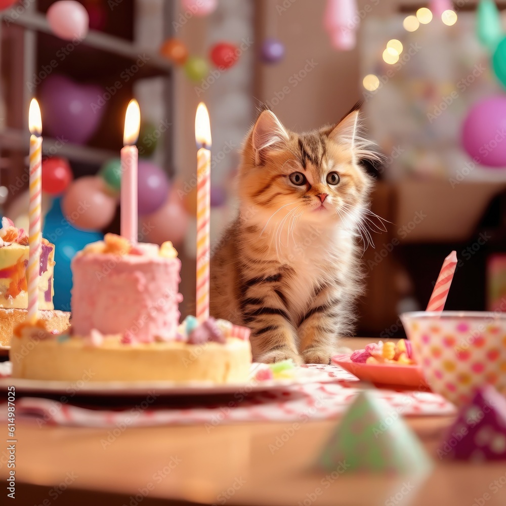 Kitten with birthday cake celebration at birthday party, Fluffy cat celebrating.