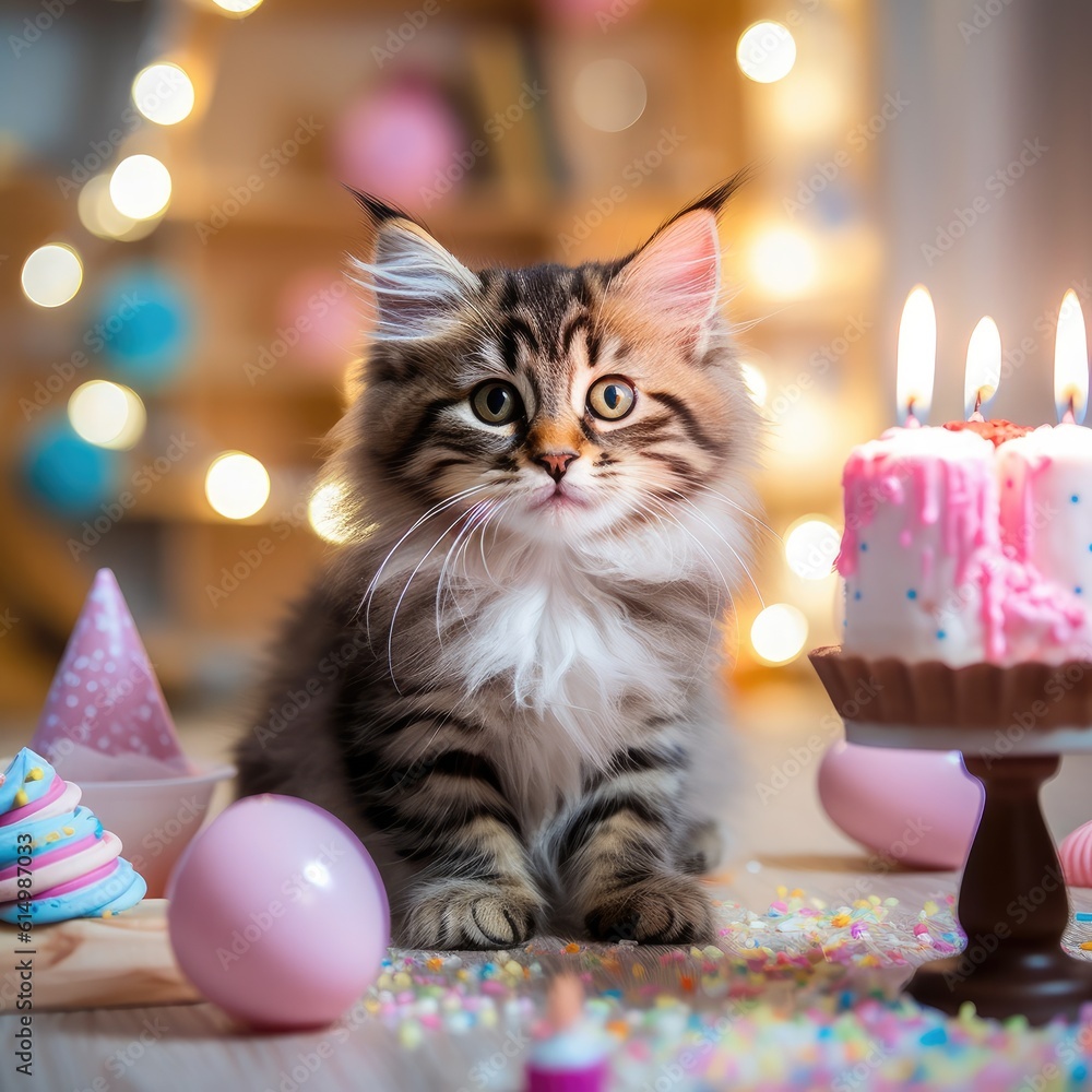 Kitten with birthday cake celebration at birthday party, Fluffy cat celebrating.