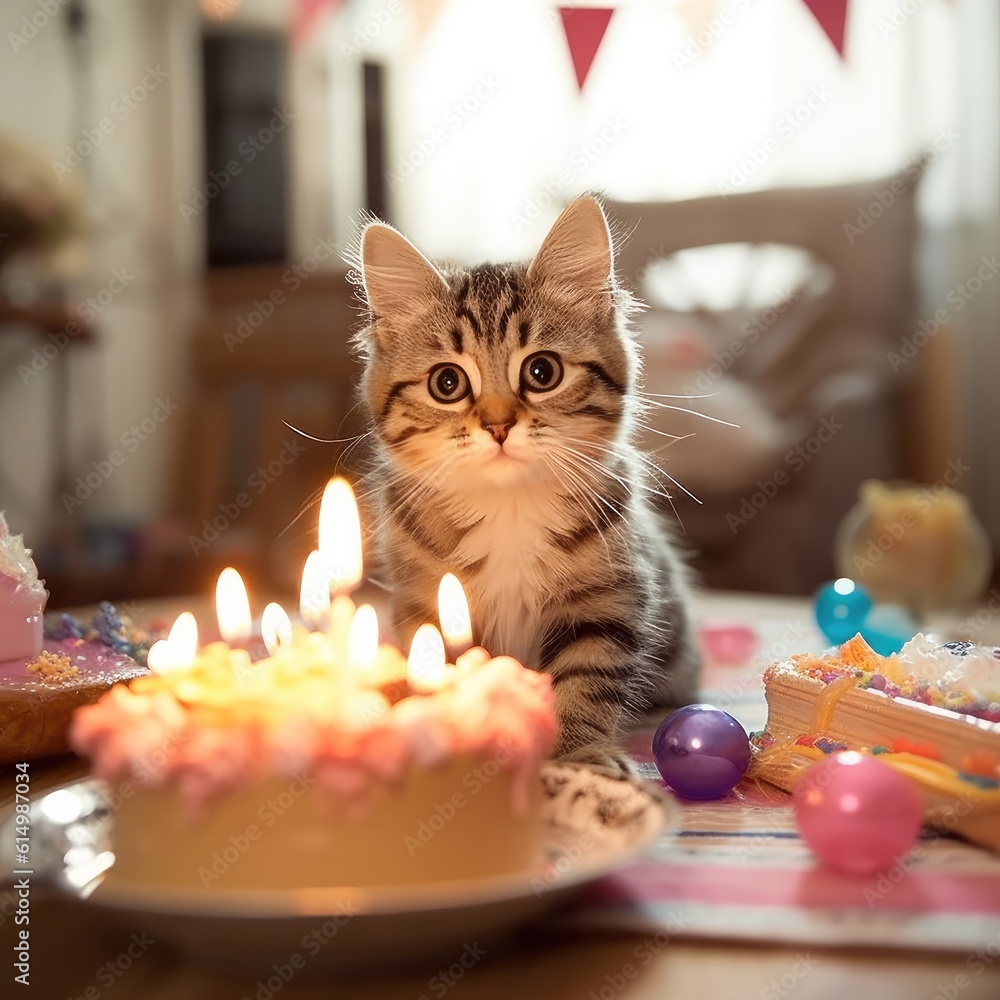 Kitten celebrating with a birthday cake with birthday candles, Pet party.