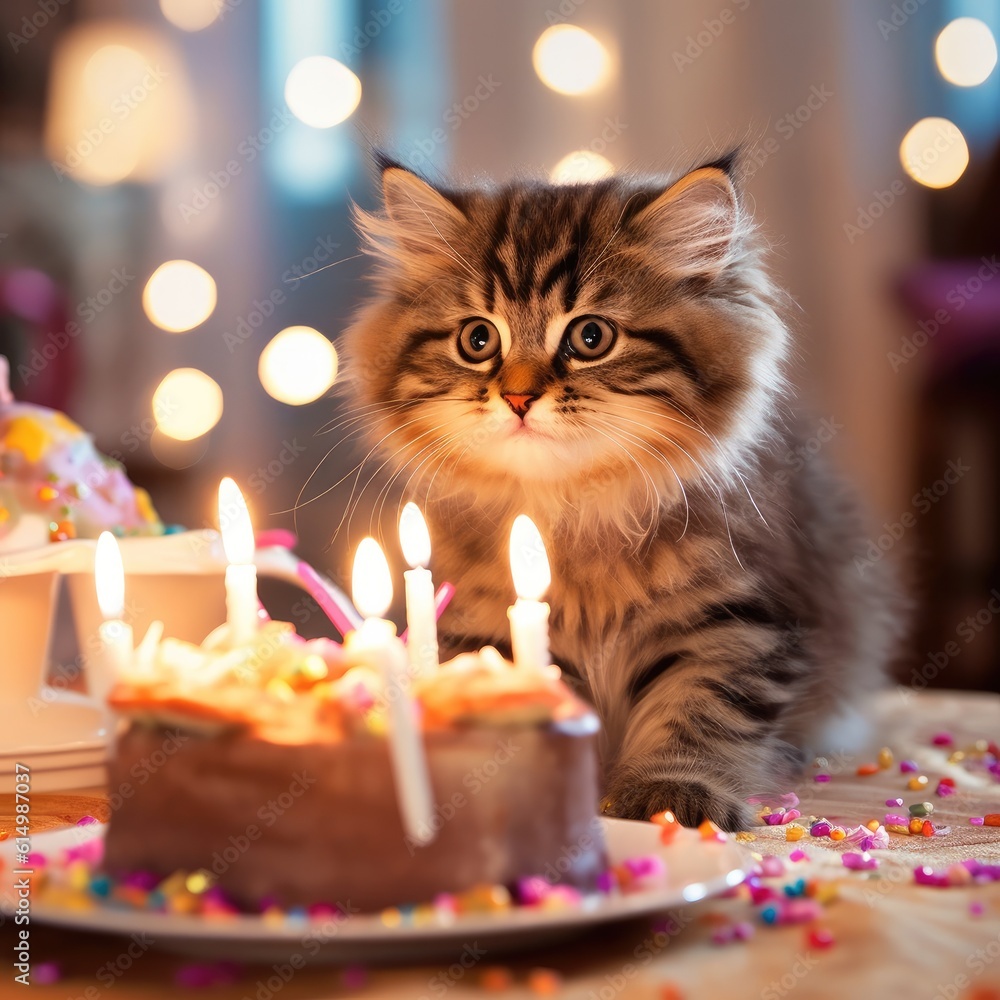 Cat birthday, Kitten with a birthday cake.