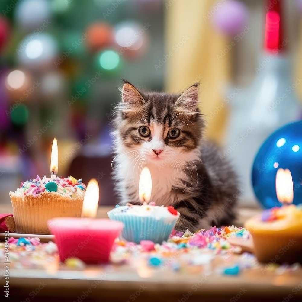 Cat birthday, Kitten with a birthday cake.