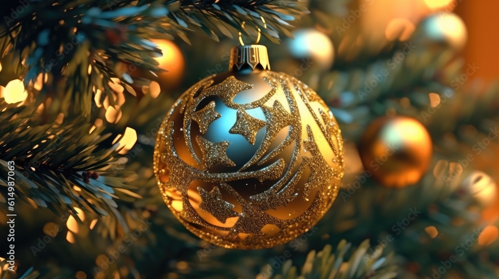 Christmas decoration, Hanging gold balls on pine branches christmas tree garland and ornaments, Chri