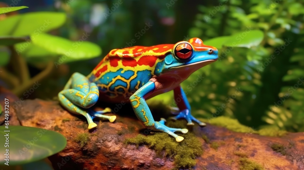 Orange blue poison frog in the jungle, Costa Rica animal.