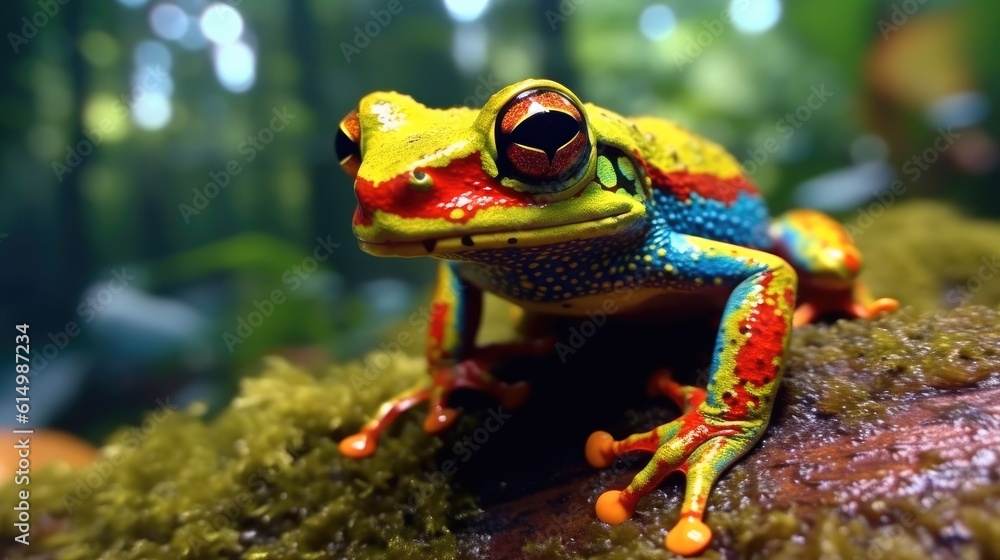 Orange blue poison frog in the jungle, Costa Rica animal.