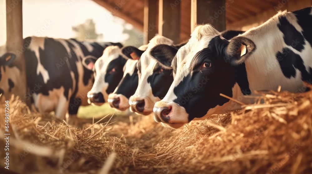 Cow eating hay at cattle farm.