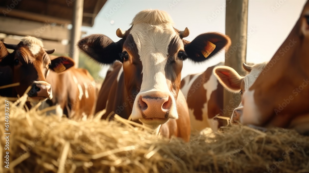 Cows eating hay in a farm barn.