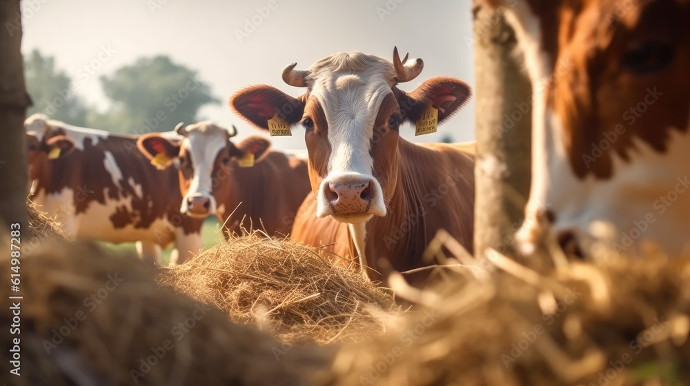 Cows eating hay in a farm barn.