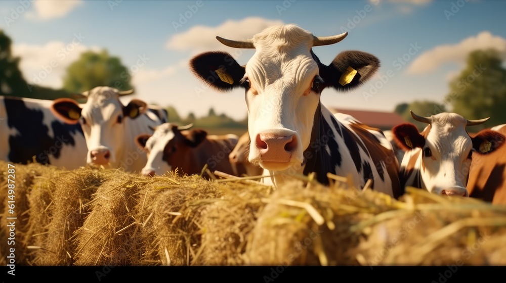 Cow eating hay at cattle farm.