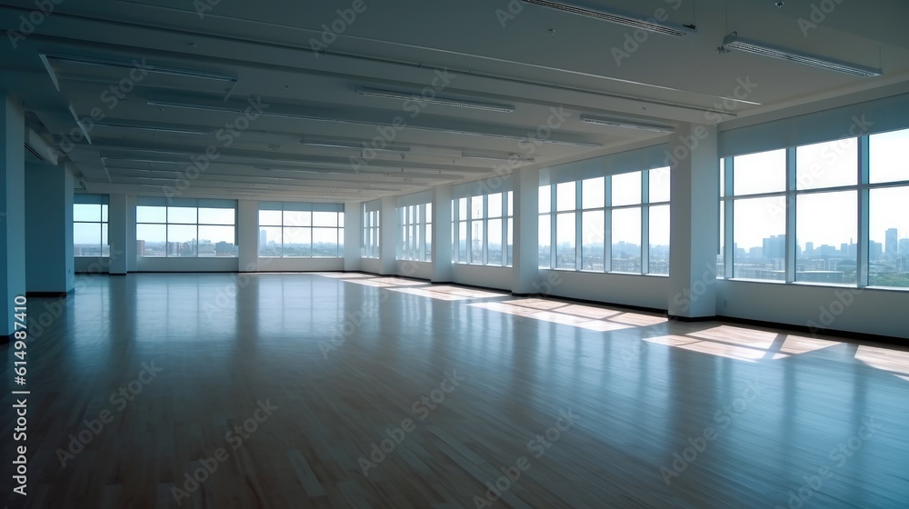 Bright empty concrete room interior with windows, Sunlight and shadows.