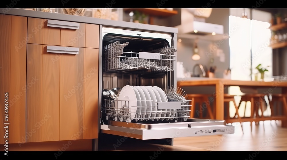 Open dishwasher with clean dishes at home kitchen.