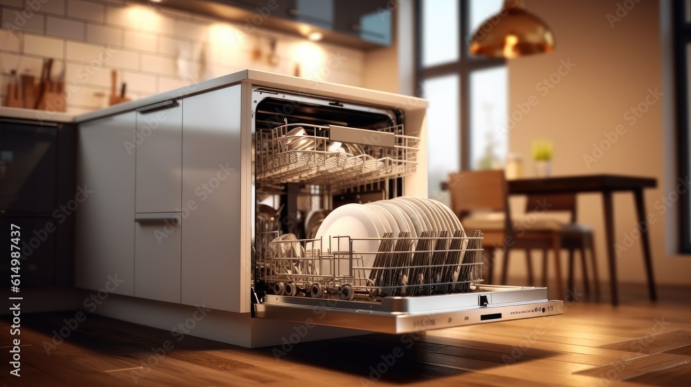 Open dishwasher with clean dishes at home kitchen.