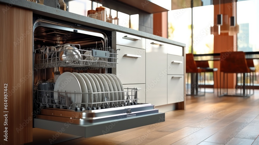 Open dishwasher with clean dishes at home kitchen.