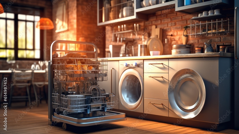 Open dishwasher with clean dishes at home kitchen.