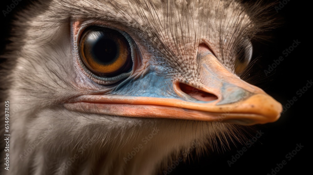 Head and neck portrait of an ostrich bird, The largest living bird, Zoo bird.