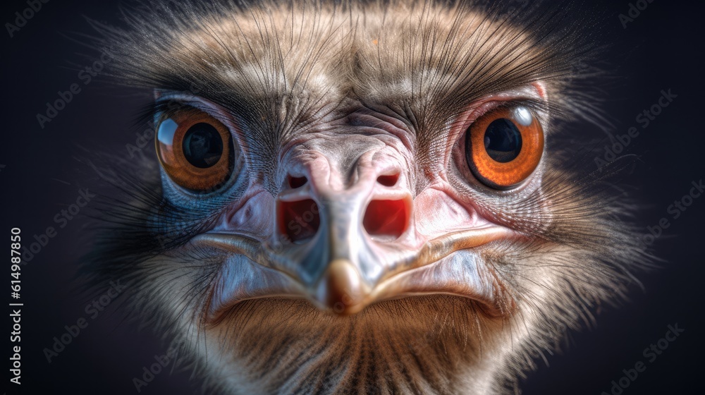 Close up of ostrich head, Bird ostrich with funny look, Big bird from Africa, Long neck and long eye