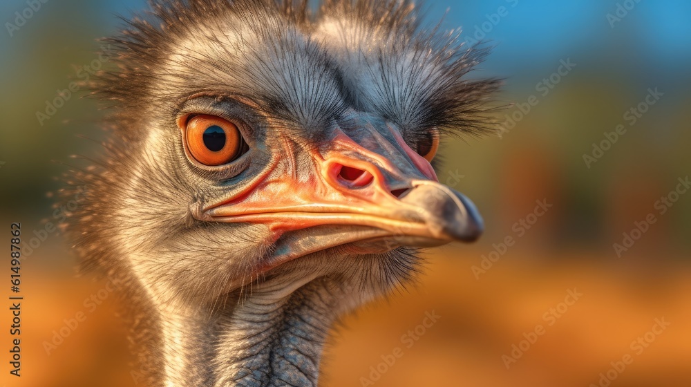 Close up of ostrich head, Bird ostrich with funny look, Big bird from Africa, Long neck and long eye