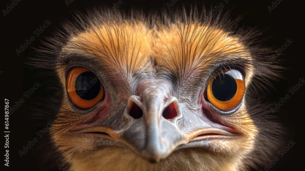 Head and neck portrait of an ostrich bird, The largest living bird, Zoo bird.