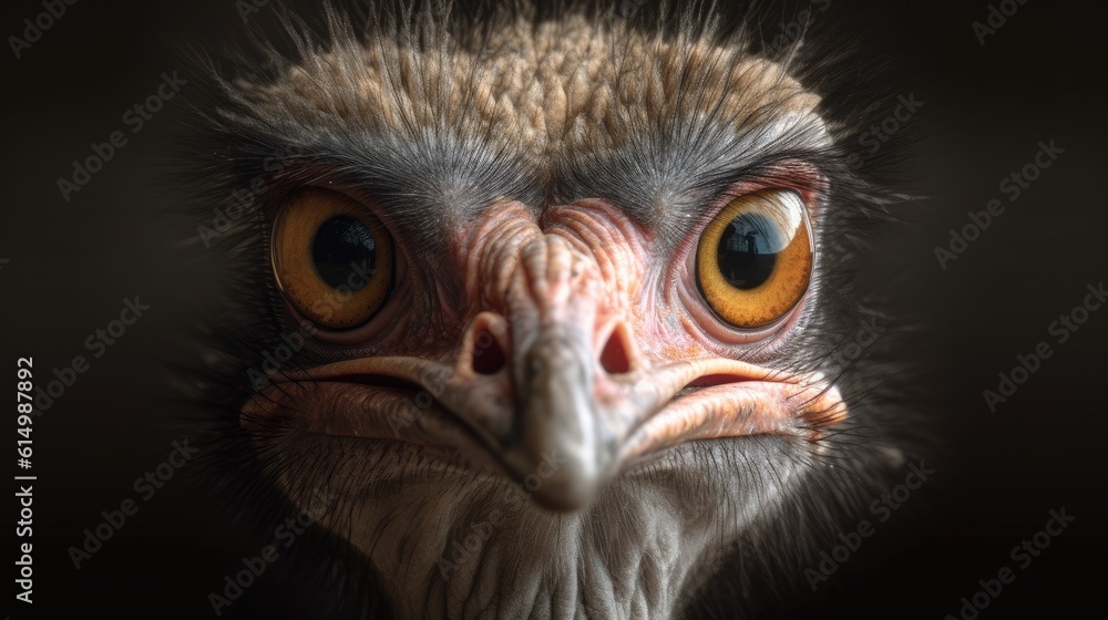 Close up of ostrich head, Bird ostrich with funny look, Big bird from Africa, Long neck and long eye