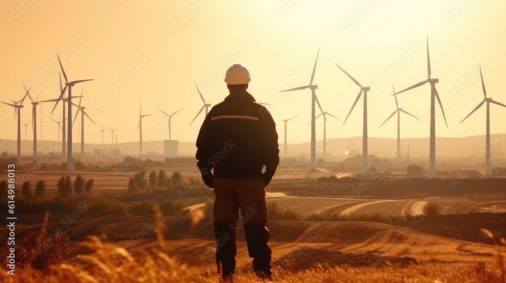 Engineer looking and checking wind turbines at field. View from behind.