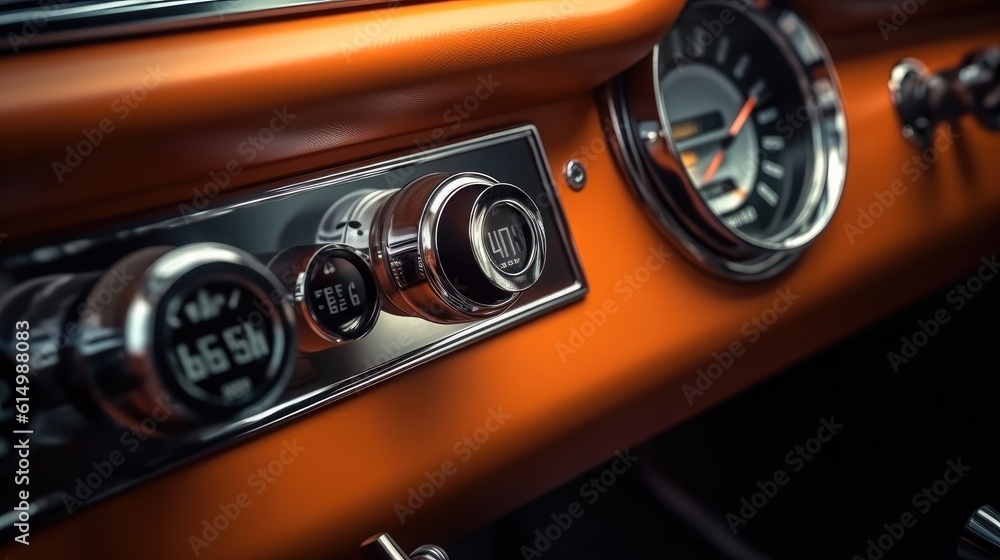 Close up detail with the dashboard interior of a vintage car, Luxurious leather interior of a retro 