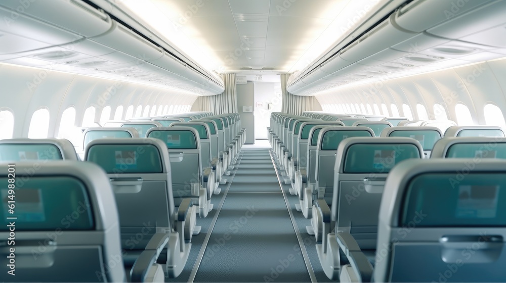 Cabin interior of a modern passenger aircraft.