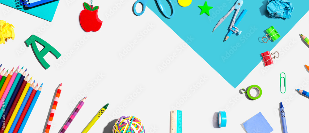 Collection of school supplies overhead view - flat lay