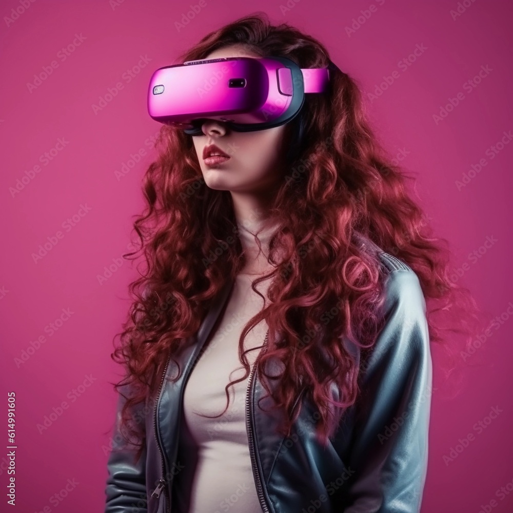 Beautiful young woman with a stylish hairstyle wearing virtual and augmented reality glasses on her 