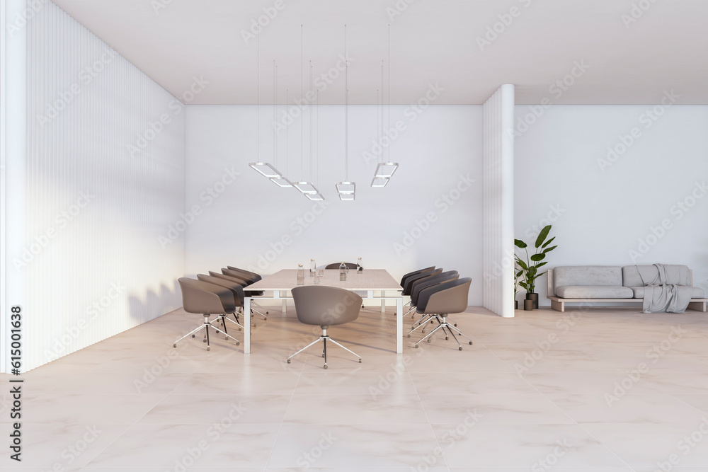 Modern empty concrete and tile meeting room interior with furniture and other objects. 3D Rendering.