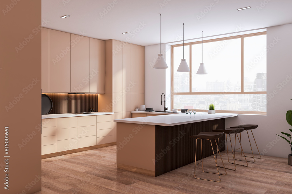 Perspective view of spacious empty modern kitchen interior with wooden floor and beige and white wal