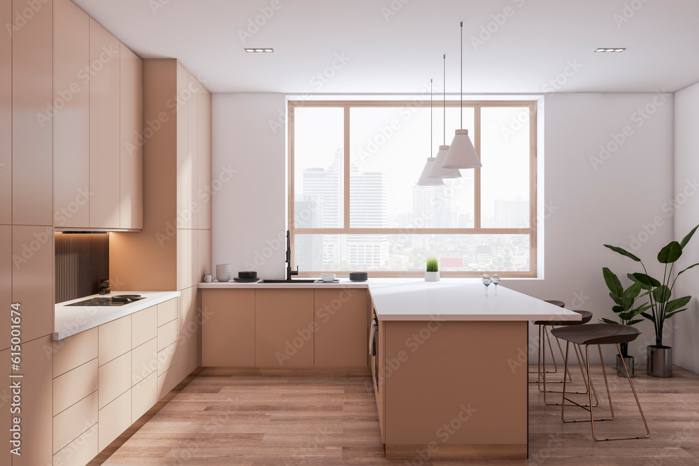 Side view of spacious empty modern kitchen interior with wooden floor and beige and white walls. 3D 