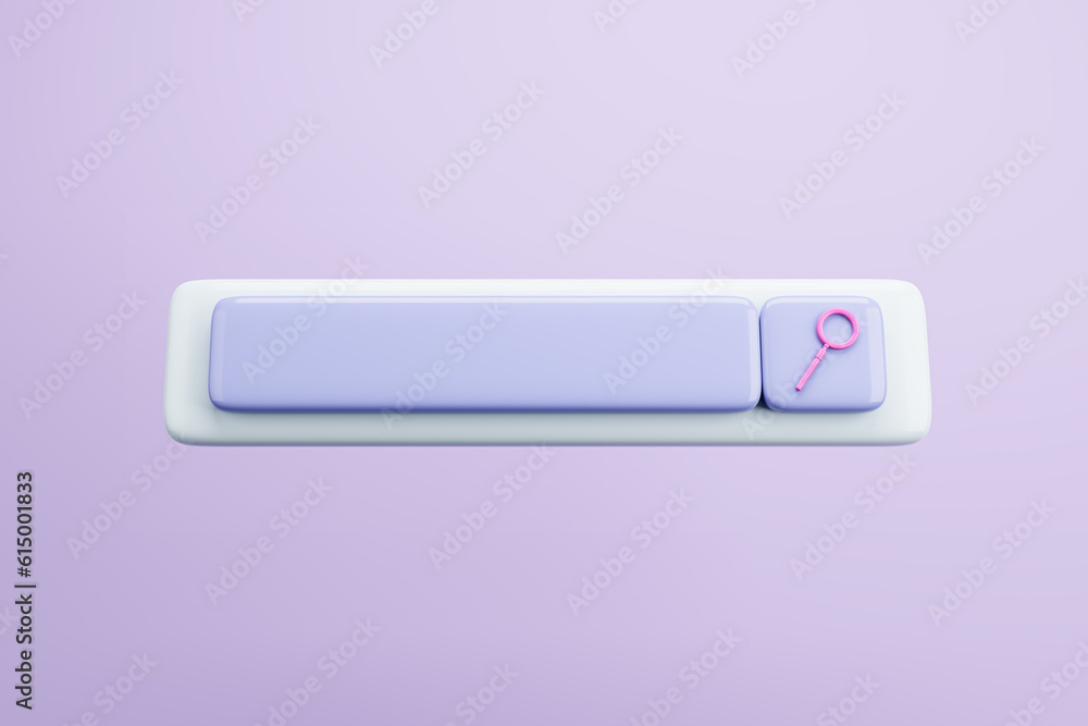 Creative digital search bar with magnifier on purple backdrop. SEO and searching concept. 3D Renderi