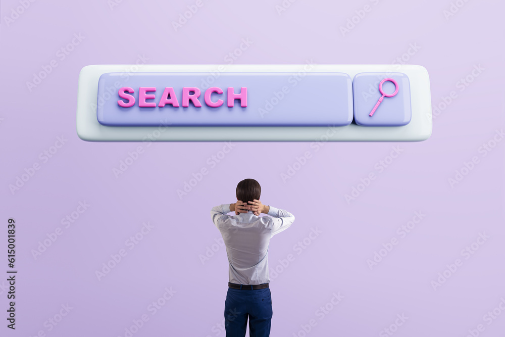 Back view of businessman looking at creative digital search bar with magnifier on purple background.