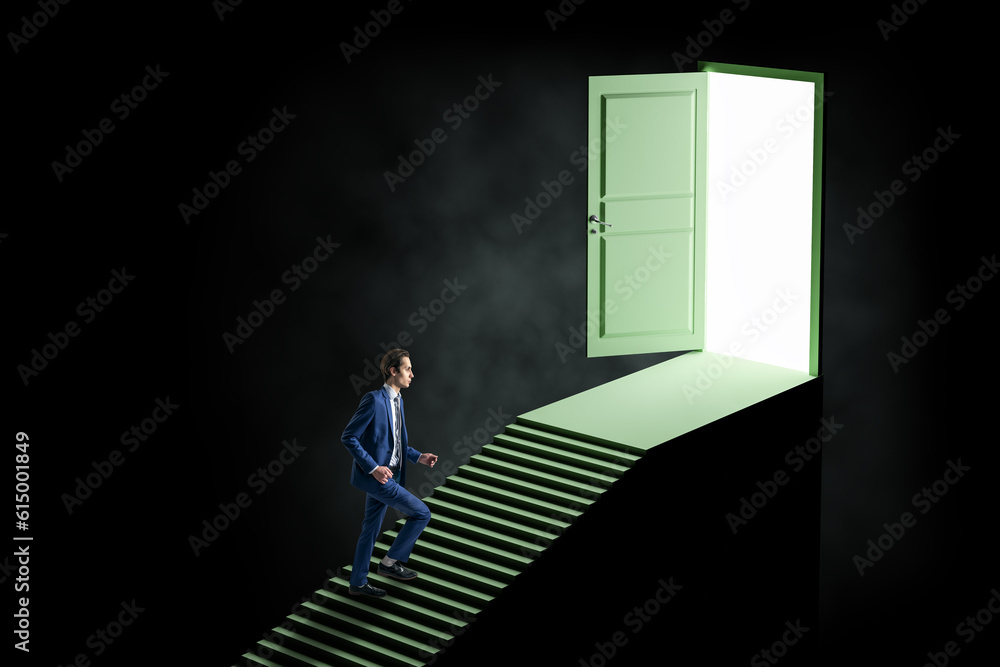 Solution, success and right decision concept with businessman side view climbing the stairway toward