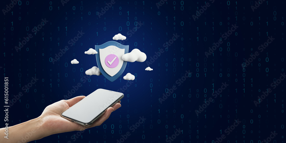 Close up of female hand holding mobile phone with digital shield and clouds on dark blue background 