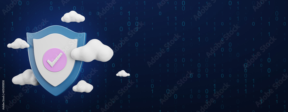 Digital shield with clouds on wide dark blue background with mock up place. Secure online payment an