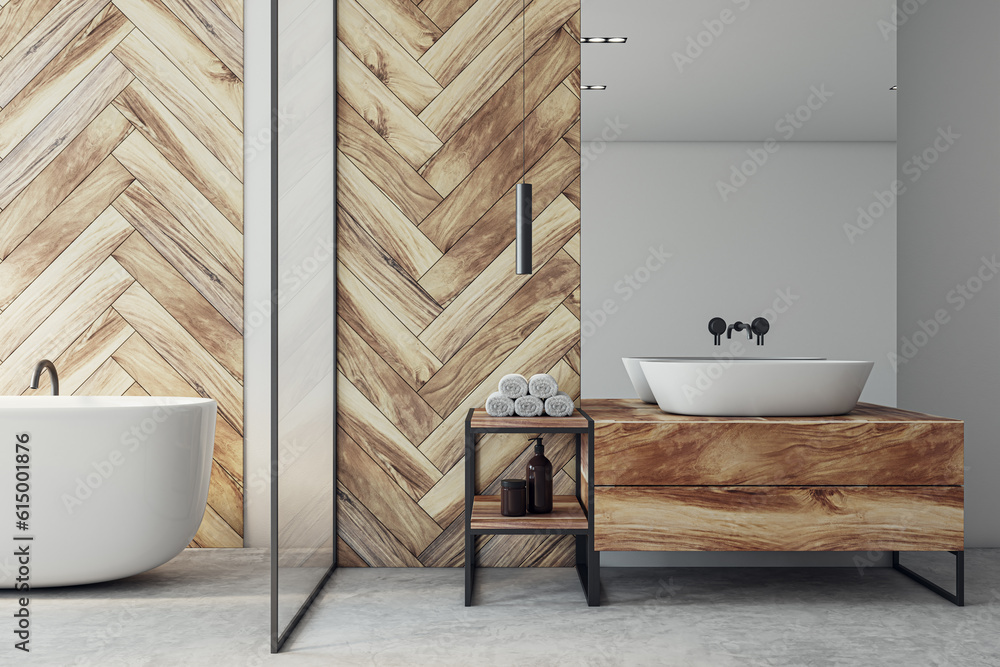 Front view of modern loft bathroom interior design with concrete grey floor, white and wooden walls,