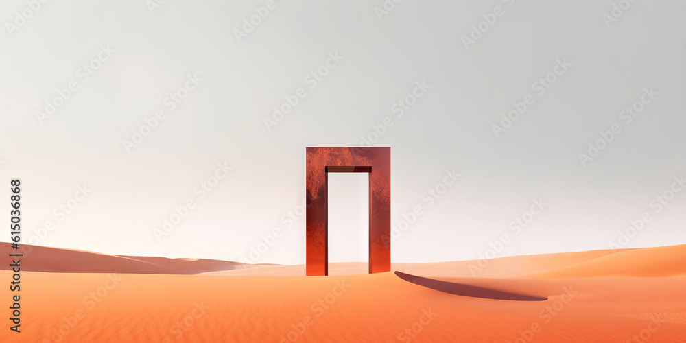 A minimalist sand dunes in the desert with a stone arch. Calm and tranquil landscape. Generative AI