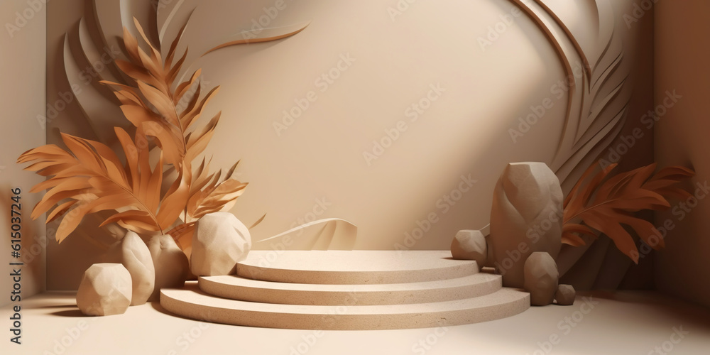 Beige podium for product display presentation. Sandstone and sandy colored plants. Generative AI